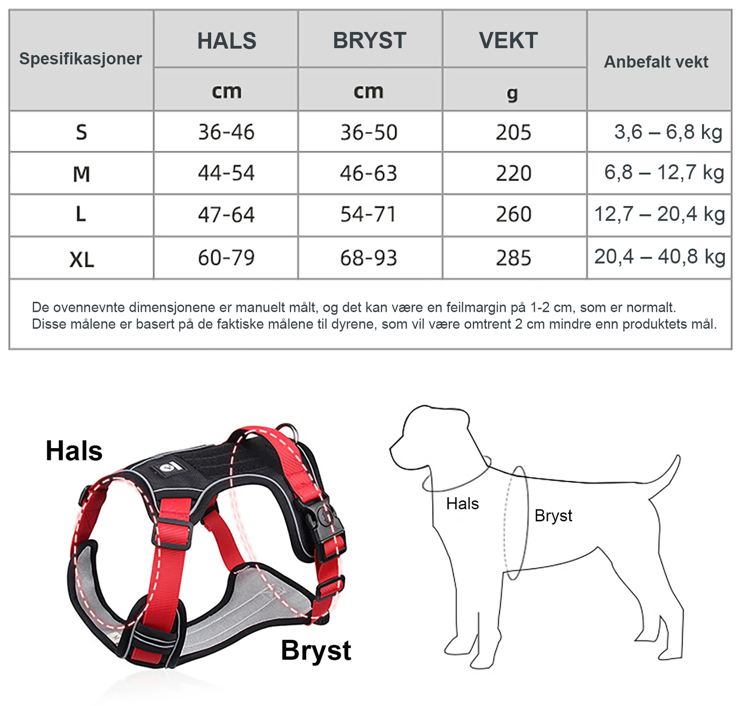 Hundesele med refleks for stor hund spesifikasjoner med mål på produkt og anbefalt vekt.