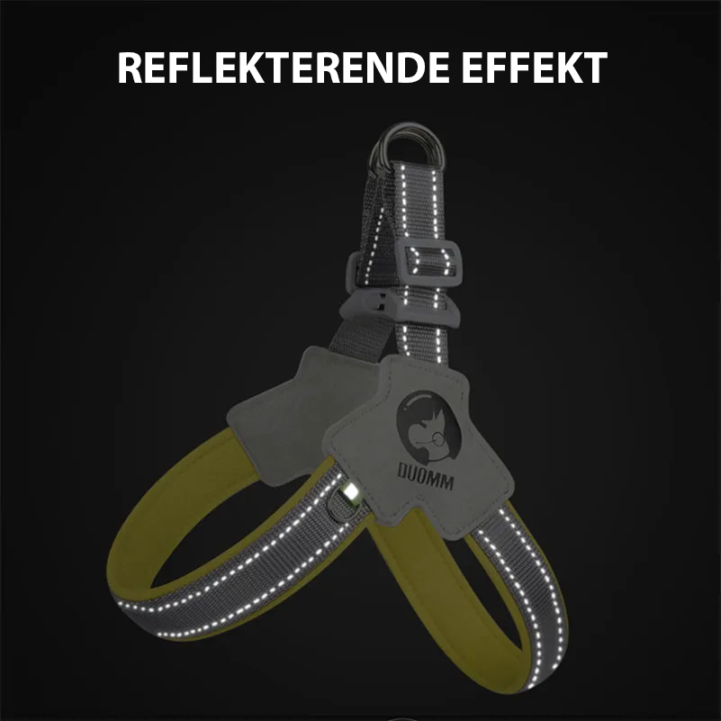 Reflekterende Y-sele til hund: Illustrasjon av reflekterende detaljer.