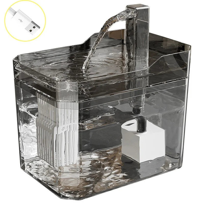 Transparent vannfontene katt 1,5L med synlig vannnivå og filter. Praktisk drikkefontene til katt med stillegående sirkulasjon.