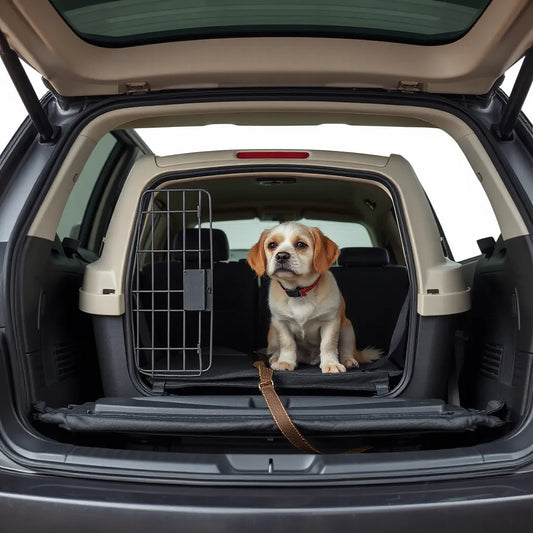 Hundetransportbur i bil med en rolig hund som sitter komfortabelt og sikkert festet