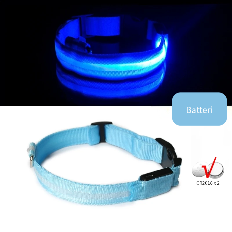 Blå LED halsbånd til hund med batteri