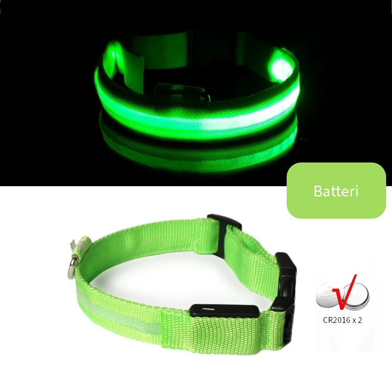 Grønt LED halsbånd til hund med batteri