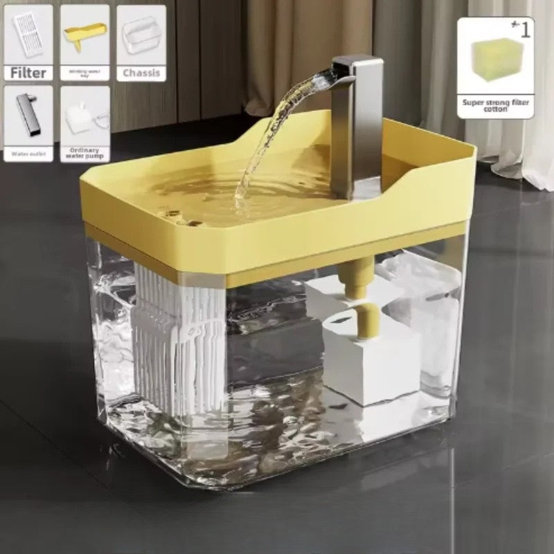 Gul automatisk vannfontene til katt med pumpe og filter inkludert. Komplett drikkefontene katt for friskt, rennende vann.